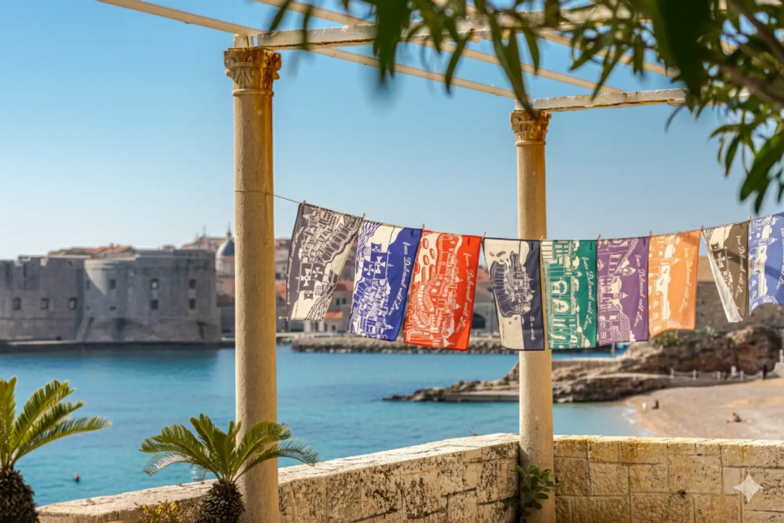 BURAL kitchen towels hanging on a clothesline with historic Dubrovnik Old Town in the background – authentic Croatian textile from Terra Croatica.